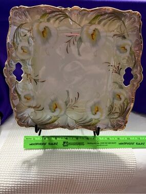 Hand-Painted Floral Porcelain Serving Tray - White & Gold Trim